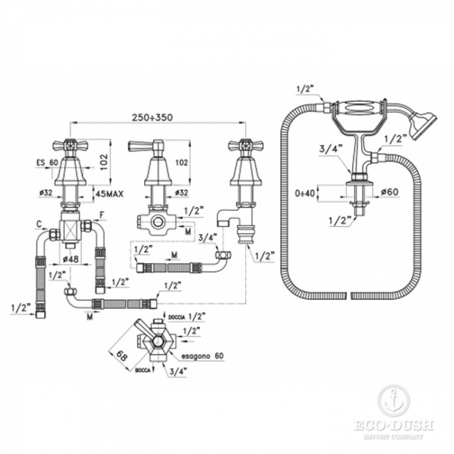 Stella Eccelsa Смеситель на борт ванны на 4 отверстия 3256TR2TC/307, без излива, цвет: золото