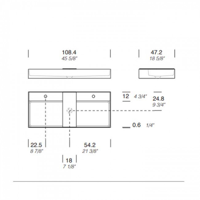 NOORTH milldue edition Раковина 108.4х47.2х12 см, 2 отв.,  двойная, накладная, цвет: белый