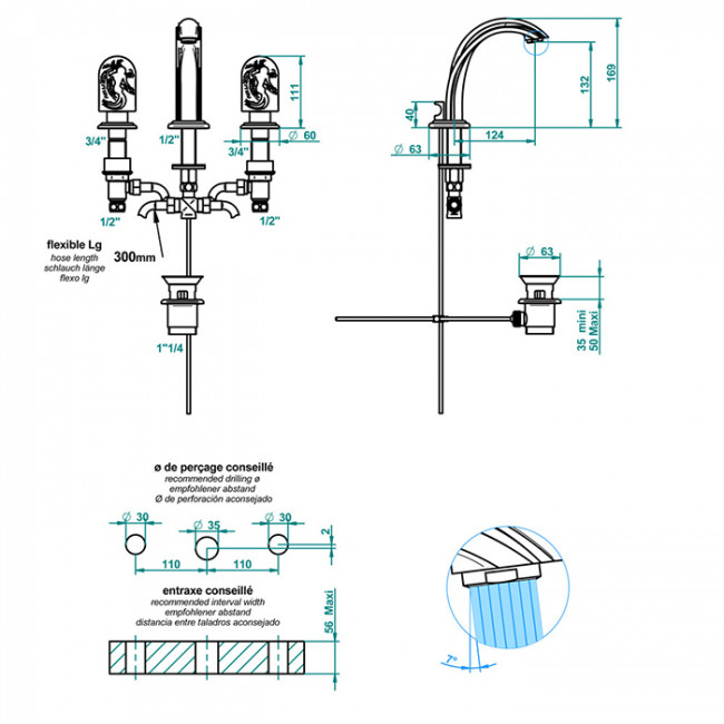 THG Naiade Смеситель для раковины, 3 отв., цвет: хром/прозрачный хрусталь