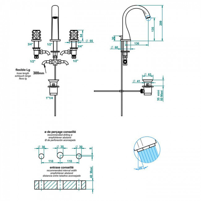 THG Mossi Смеситель для раковины, 3 отв., цвет: хром/прозрачный хрусталь