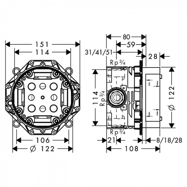 Axor Универсальная скрытая часть ?’ / ?, подходит для всех готовых наборов для душа, ванны и для термостата
