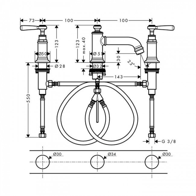 Axor Montreux, Смеситель для раковины 30,на 3 отверстия, с рычаговымирукоятками, с донным клапаном, цвет: хром