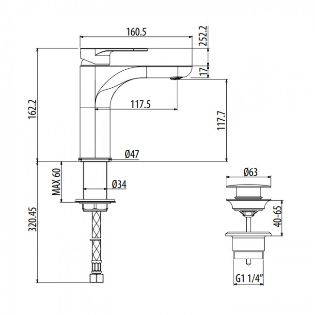 Gattoni H2Omix7000 Смеситель для раковины, на 1 отв., с донным клапаном, излив 117.5 мм, цвет: хром