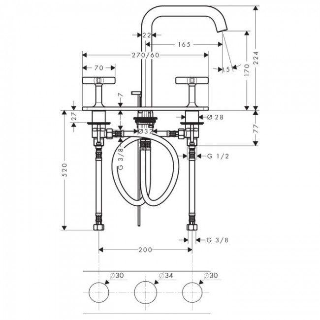 Axor Citterio E, Смеситель для раковины 170, на 3отверстия, с панелью и сливнымгарнитуром, цвет: хром Axor Citterio E, Смеситель для раковины 170, на 3отверстия, с панелью и сливнымгарнитуром, цвет: хром