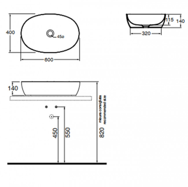 AZZURRA ELEGANCE Раковина 60х40 см, без отв., накладная, цвет: белый ELLA060400C0BI/(ECI60 bi*0)