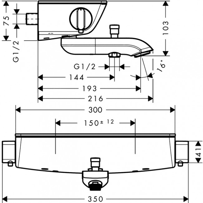 Hansgrohe Ecostat Select Термостат настенный для ванны на 2 источника, с изливом 216мм, с полочкой из безопасного стекла, цвет: хром