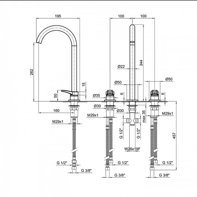 Fantini AL/23 Смеситель для раковины, 3 отв., высокий излив, излив: 160 мм, цвет: черный матовый