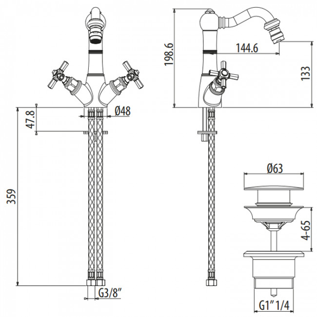 Gattoni TRD Смеситель для биде, 1 отв., ручки Paris, цвет: хром TR350/18C0