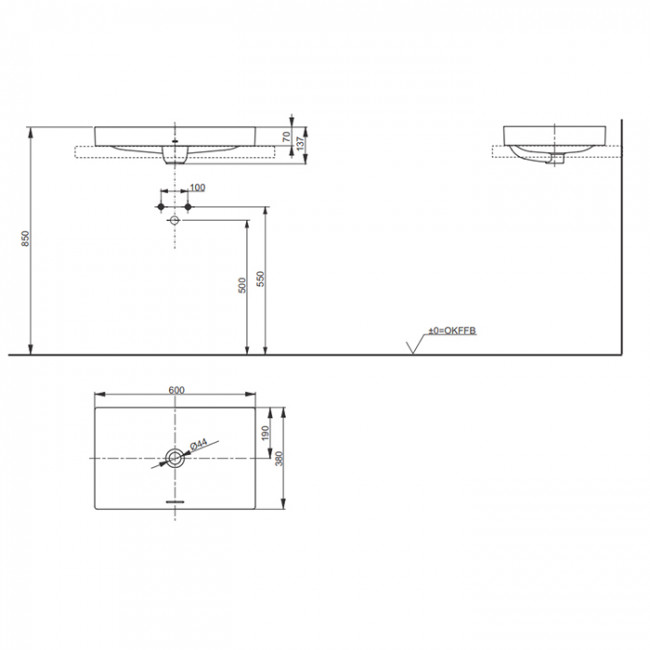 TOTO TR Lavatory Раковина 60x38x13.7 см, без отв., полувстраиваемая, с переливом, CeFiONtect, LinearCeram, цвет: белый