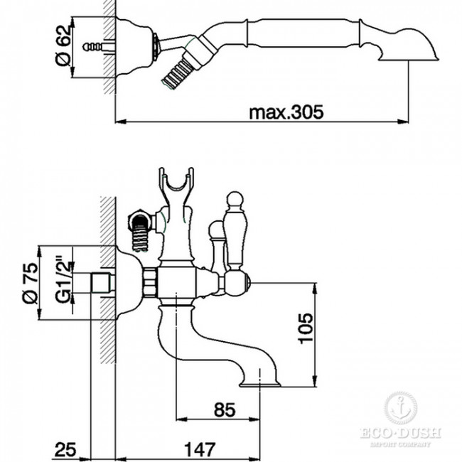 CISAL Arcana Toscana Смеситель настенный для ванны/душа с ручной лейкой,держателем и шлангом, цвет: бронза CISAL Arcana Toscana Смеситель настенный для ванны/душа с ручной лейкой,держателем и шлангом, цвет: бронза