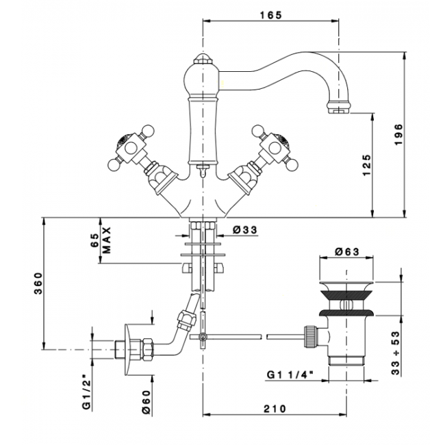 Nicolazzi Dames Anglaises Смеситель для раковины с 2мя ручками, с донным клапаном, излив: 165мм, цвет: хром