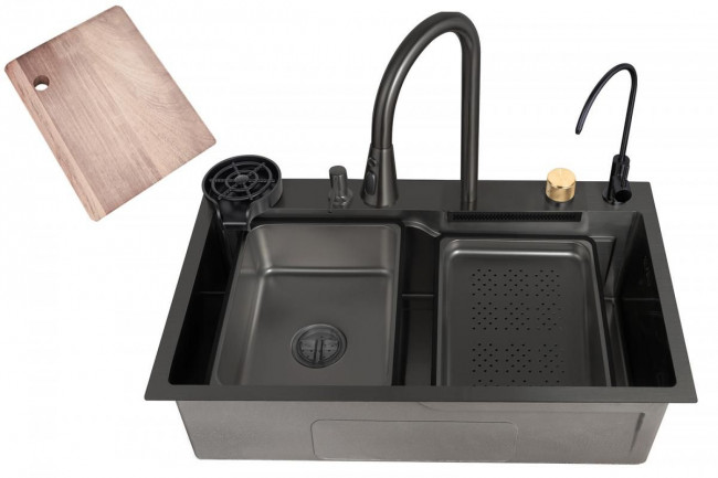 Мойка ZorG MASTER с водопадом ZM 7546 GRAFIT графит-черный комплект со смесителем, аксессуарами
