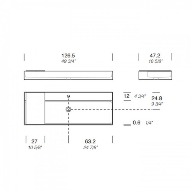 NOORTH milldue edition Раковина 126.5х47.2х12 см, 1 отв., накладная, цвет: белый