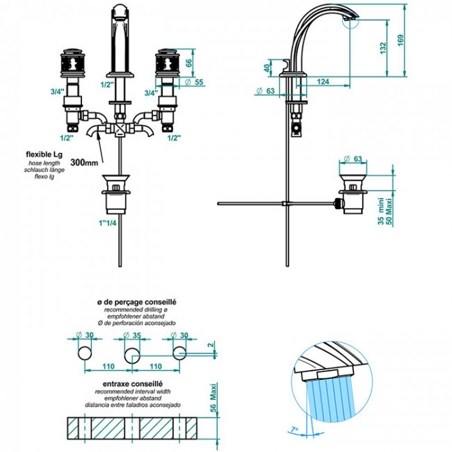 THG Ange Смеситель для раковины, 3 отв., цвет: хром