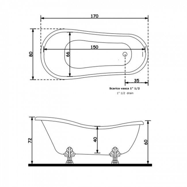 Gruppo Treesse Epoca Ванна отдельностоящая (170х80хh72/60 см) в комплекте: ножки (4 шт.), слив-перелив, цвет: белый/бронза