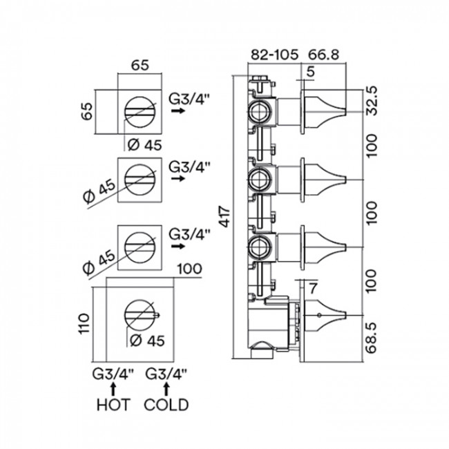 Bossini Z035205.045 Apice Смеситель для душа, встраиваемый, термостатический, 2 запорных вентиля, внешняя часть, цвет: белый матовый