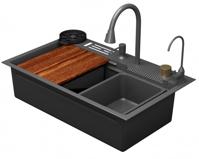Кухонная мойка многофункц. DQ нерж.сталь матовый серый в комплекте со смесителем и аксессуарами (DKS754606) Кухонная мойка многофункц. DQ нерж.сталь матовый серый в комплекте со смесителем и аксессуарами (DKS754606)