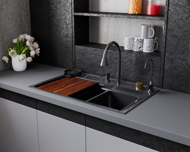 Кухонная мойка многофункц. DQ нерж.сталь матовый серый в комплекте со смесителем и аксессуарами (DKS754606) Кухонная мойка многофункц. DQ нерж.сталь матовый серый в комплекте со смесителем и аксессуарами (DKS754606)