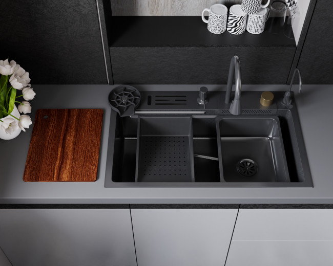 Кухонная мойка многофункц. DQ нерж.сталь матовый серый в комплекте со смесителем и аксессуарами (DKS754606) Кухонная мойка многофункц. DQ нерж.сталь матовый серый в комплекте со смесителем и аксессуарами (DKS754606)