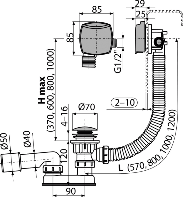 Alcaplast A508CKM Сифон для ванны CLICK/CLACK с напуском воды через перелив, хром A508CKM