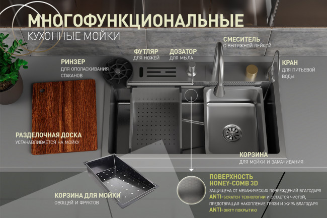 Кухонная мойка многофункц. DQ нерж.сталь сатин в комплекте со смесителем и аксессуарами (DKS754604)