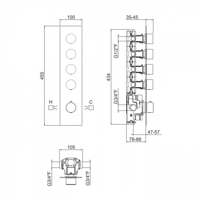 Carimali Встраиваемая часть для термостатического смесителя с 4 независимыми выходами