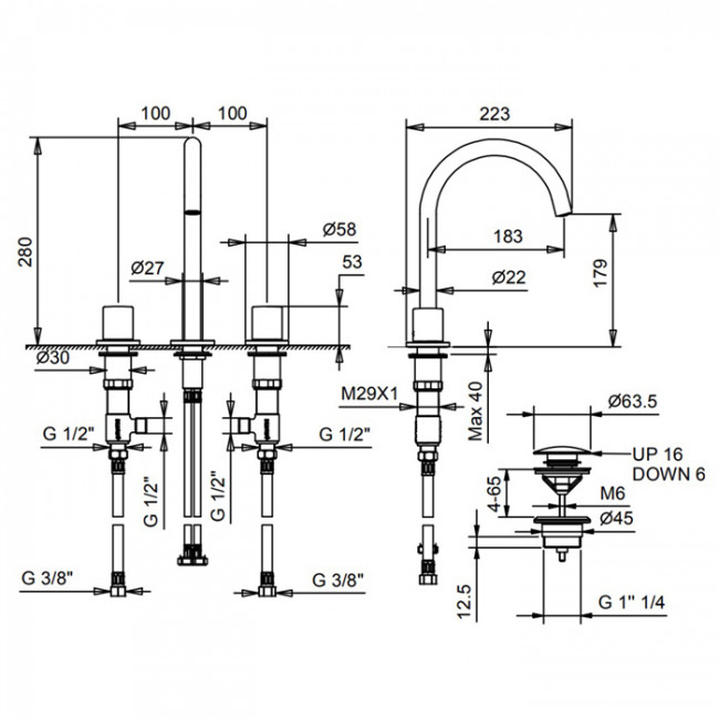 Fantini Lame Смеситель для раковины, 3 отверстия, цвет: хром 24 02 M406