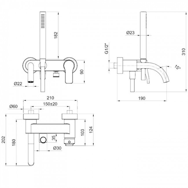 Fantini AL/23 Смеситель для ванны, настенный, излив: 190 мм, цвет: хром
