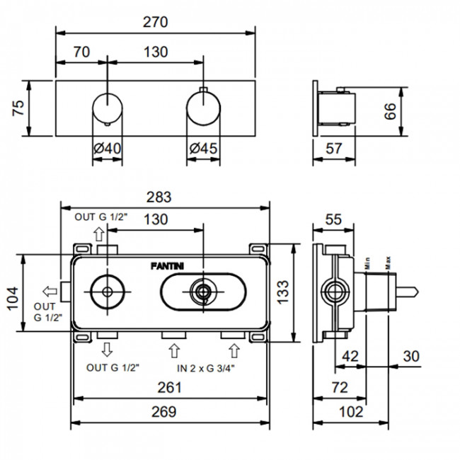 Fantini Nostromo Смеситель для душа, термостатический, 3/4'', на 3 потока,  цвет: хром