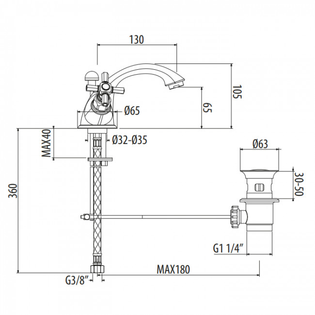 Gattoni TRD Смеситель для раковины, 1 отв., ручки Paris, цвет: золото 24К TR310/18D0