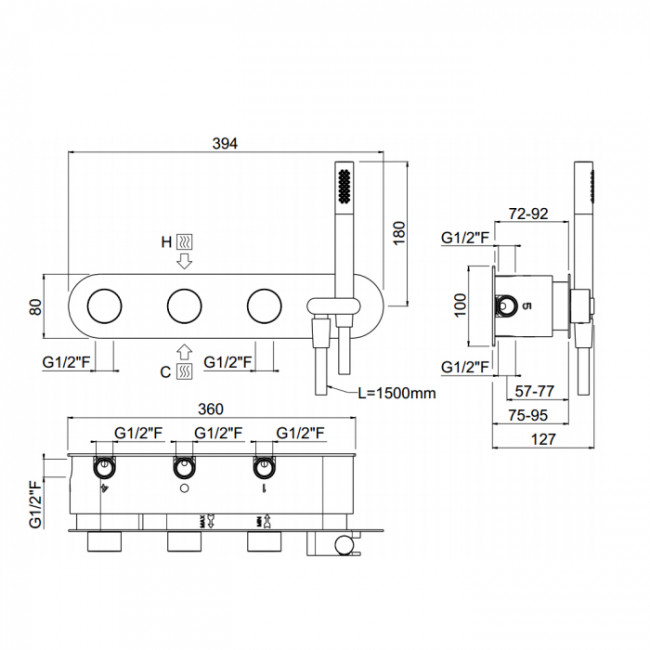 Carimali Встраиваемая часть для горизонтального прогресивного смесителя c держателем для душа, 4 выхода,.цвет: хром