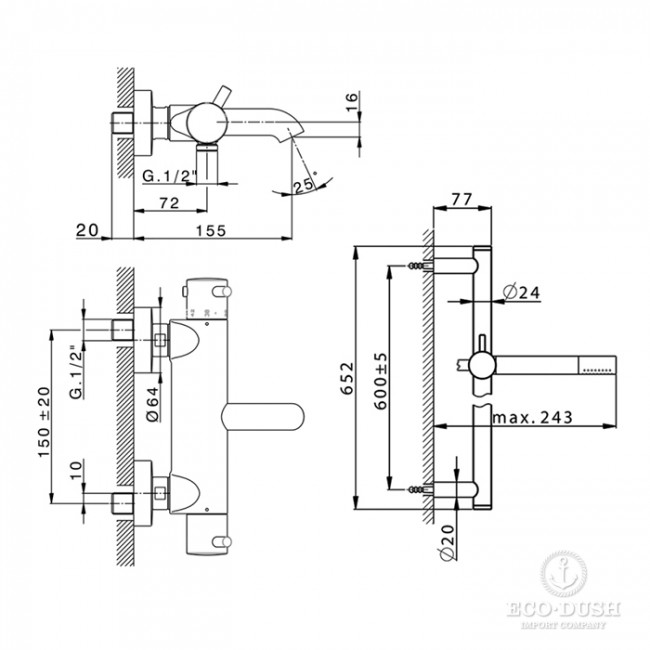 Cisal Less New Смеситель для ванны, настенный, термостатический, со штангой 60см, с ручным душем и шлангом 150см, цвет черный матовый Cisal Less New Смеситель для ванны, настенный, термостатический, со штангой 60см, с ручным душем и шлангом 150см, цвет черный матовый