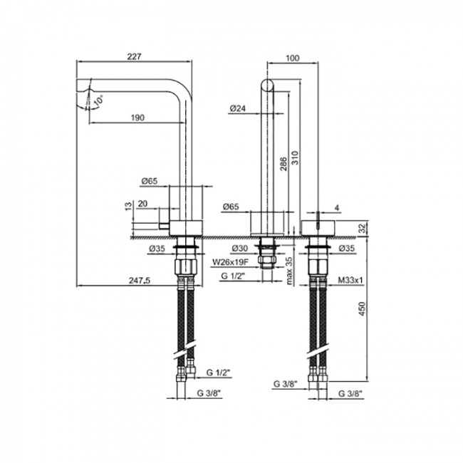 Fantini AF/21 Смеситель для раковины, 2 отв., высокий удлиненный излив: 19 см, цвет: хром