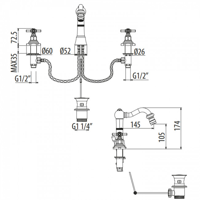 Gattoni TRD Смеситель для биде, 3 отв., ручки Paris, цвет: хром TR145/18C0