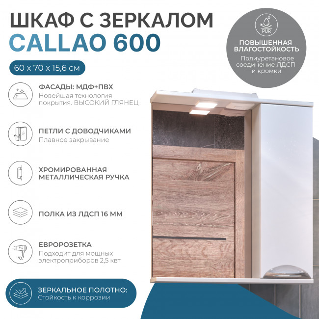 Шкаф VIGO навесной с зеркалом Callao 600 (правый) со спотом (z.CAL.60.R.El)