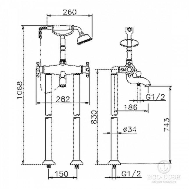 HUBER Victorian Смеситель для ванны, напольный, с ручным душе, цвет: никель матовый HUBER Victorian Смеситель для ванны, напольный, с ручным душе, цвет: никель матовый