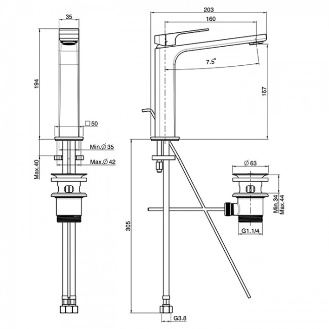 Carlo Frattini Fit Смеситель для раковины, на 1 отв, донный клапан, h167мм излив 160мм, цвет: черный матовый
