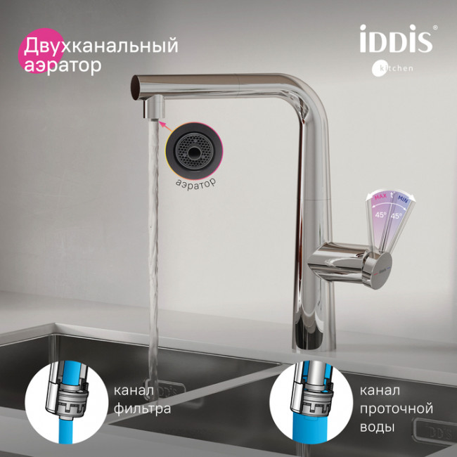Смеситель для кухни IDDIS Pure с фильтром и выдвижным изливом, хром (PURSBPFi05N) Смеситель для кухни IDDIS Pure с фильтром и выдвижным изливом, хром (PURSBPFi05N)