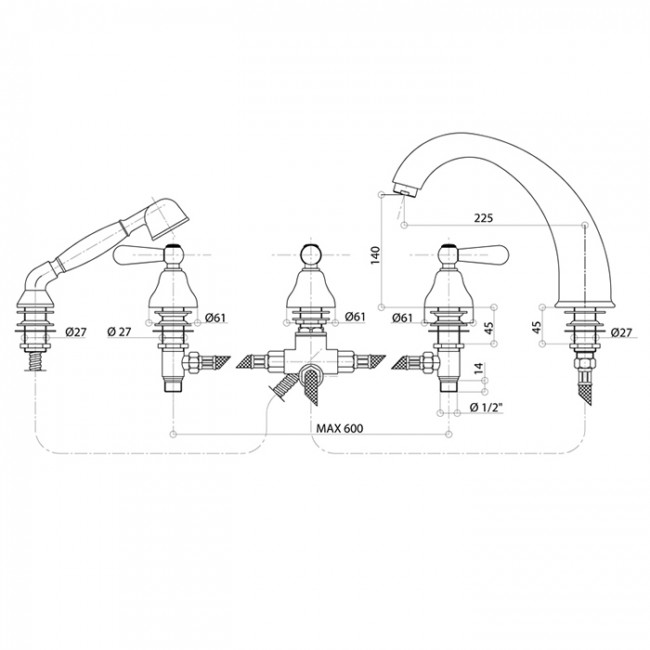 Смеситель для ванны Bongio Oxford Lux, цвет: золото/белый фарфор 19531ORDL
