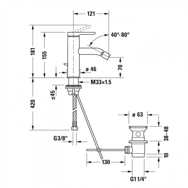 Duravit C.1 Смеситель для биде, 1 отв., с донным клапаном, излив 121мм, цвет: хром
