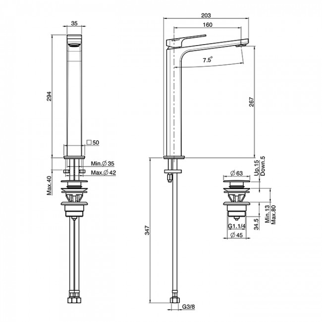 Carlo Frattini Fit Смеситель для раковины, на 1 отв, донный клапан click-clack, высокий, h267мм излив 160мм, цвет: хром