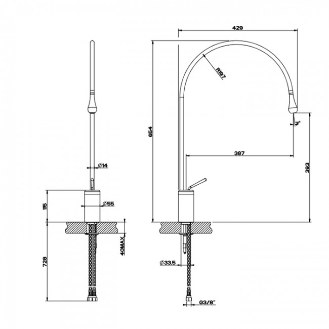 Gessi Goccia Смеситель для раковины, на 1 отверстие, излив 38.7см., с фиксированным носиком, цвет: Black Metal GHRC