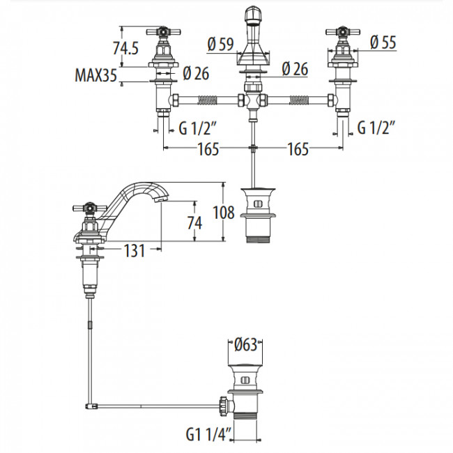 Gattoni TRD Смеситель для раковины, 3 отв., ручки Paris, цвет: хром TR095/18C0