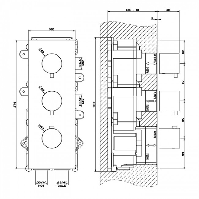 Gessi 316 Смеситель для душа, встраиваемый, термостатический, на 2 источника, (внешние части), цвет: Black XL