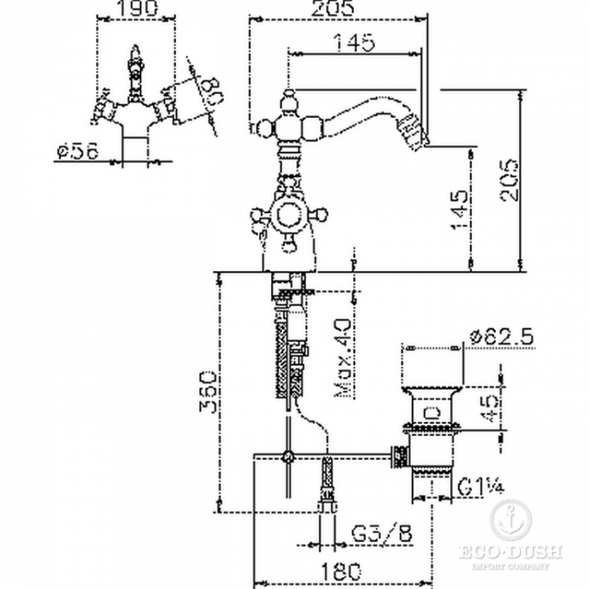 HUBER Victorian Смеситель для биде, на 1 отв., с донным клапаном, цвет: никель матовый HUBER Victorian Смеситель для биде, на 1 отв., с донным клапаном, цвет: никель матовый