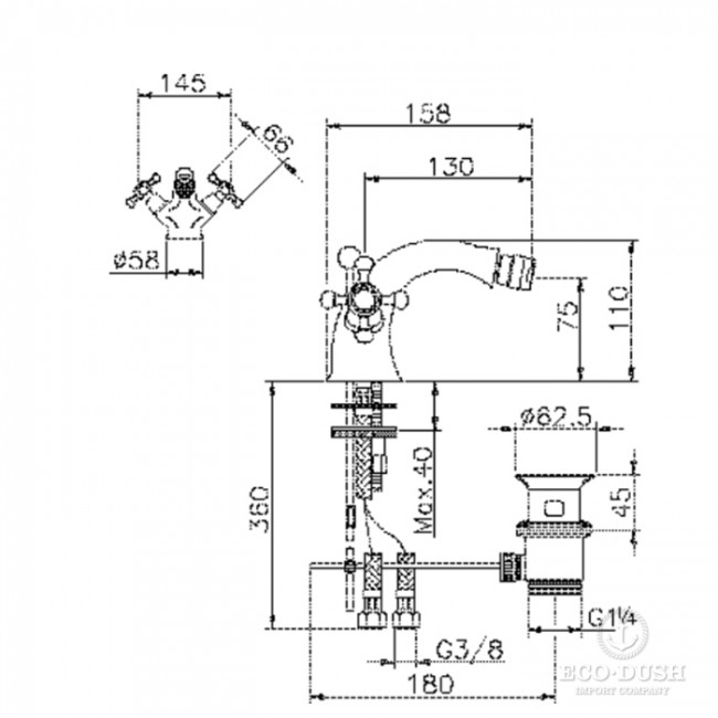 HUBER Victorian Смеситель двухвентильный для биде на 1 отверстие с донным клапаном, цвет: никель матовый HUBER Victorian Смеситель двухвентильный для биде на 1 отверстие с донным клапаном, цвет: никель матовый