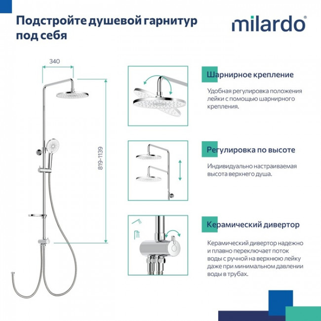 Душевой гарнитур с тропической лейкой Milardo Ideal Spa (ILSSB3FM76)