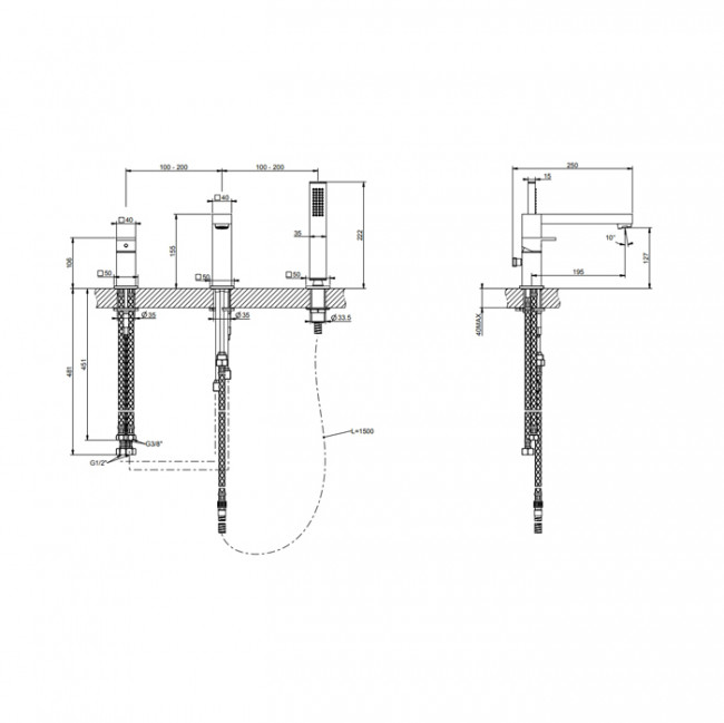 Gessi Rettangolo Смеситель для ванны на 3 отверстия, с переключателем, изливом 195мм и ручным душем, цвет: Black XL Gessi Rettangolo Смеситель для ванны на 3 отверстия, с переключателем, изливом 195мм и ручным душем, цвет: Black XL