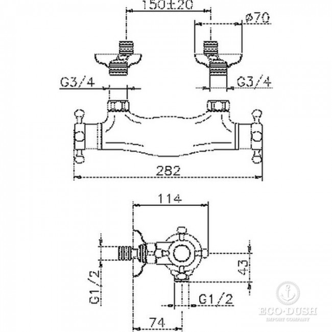 HUBER Victorian Смеситель для душа, термостатический, настенный, цвет: никель матовый HUBER Victorian Смеситель для душа, термостатический, настенный, цвет: никель матовый