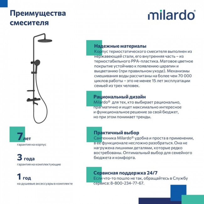 Смеситель термостатический для ванны со стойкой и тропической лейкой Milardo Ideal Spa (ILSBLTHM06)